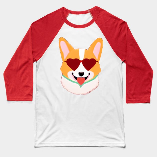 Corgi Dog with Heart Glasses Baseball T-Shirt by nicecorgi